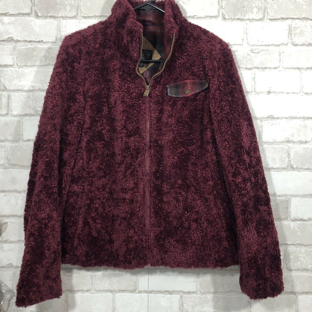 Burgundy Teddy Fleece Cozy Full Zip Jacket Plaid
